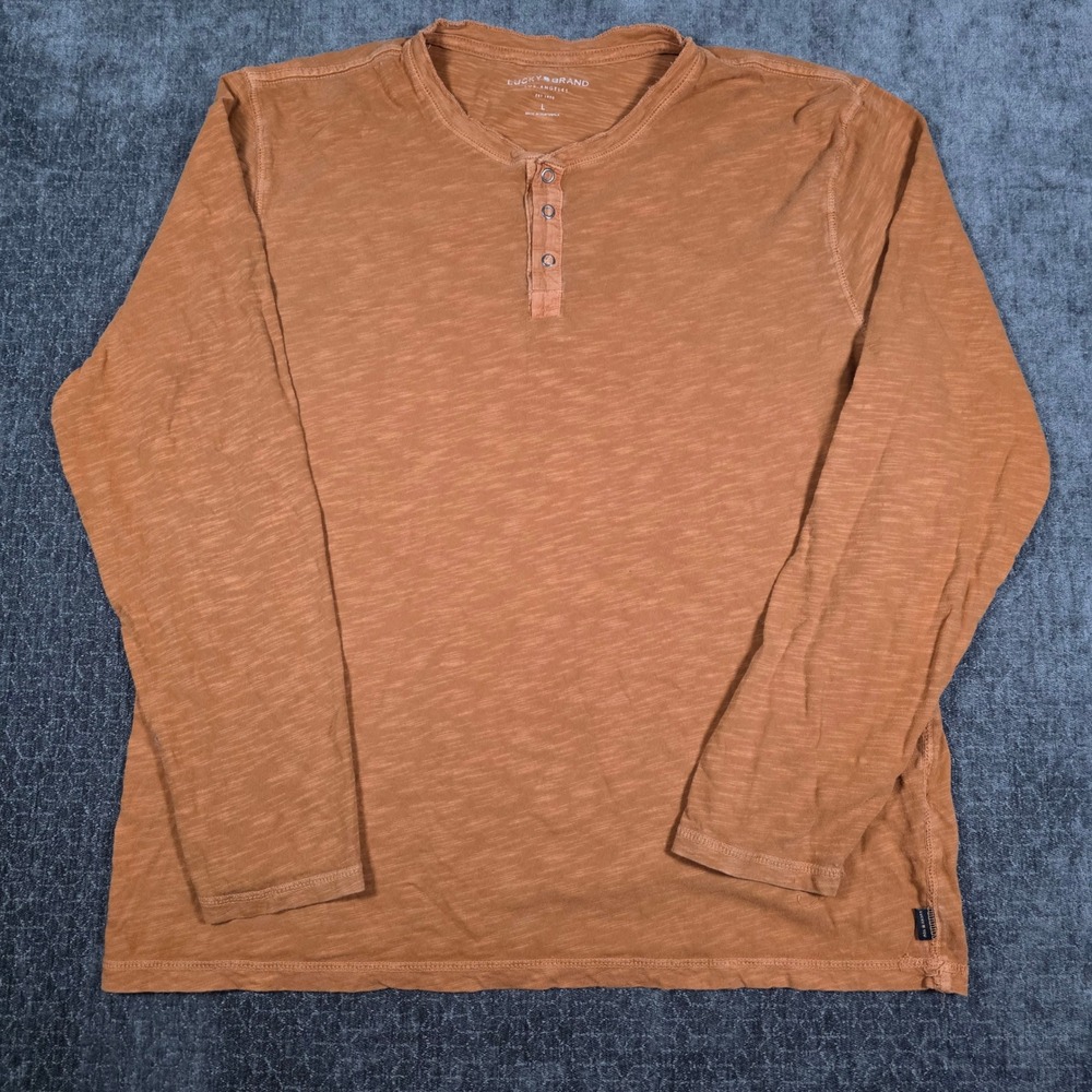 Lucky Brand Mens Large Burnt Orange Slub Cotton Long Sleeve Henley Shirt Burnout